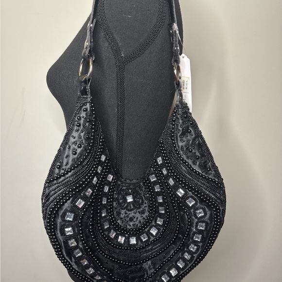 Y2K FAR NINE Black Beaded Mirror Shoulder Bag Vintage Boho Hobo Purse - Picture 7 of 8